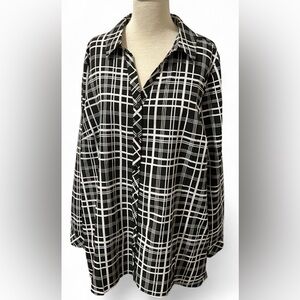 Susan Graver Weekend Plaid Tunic Shirt Black Geometric Button Up Womens Size 1XL